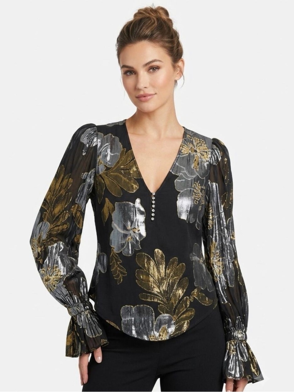 Trina Turk Black Blouse with Metallic Gold & Silver Floral Print